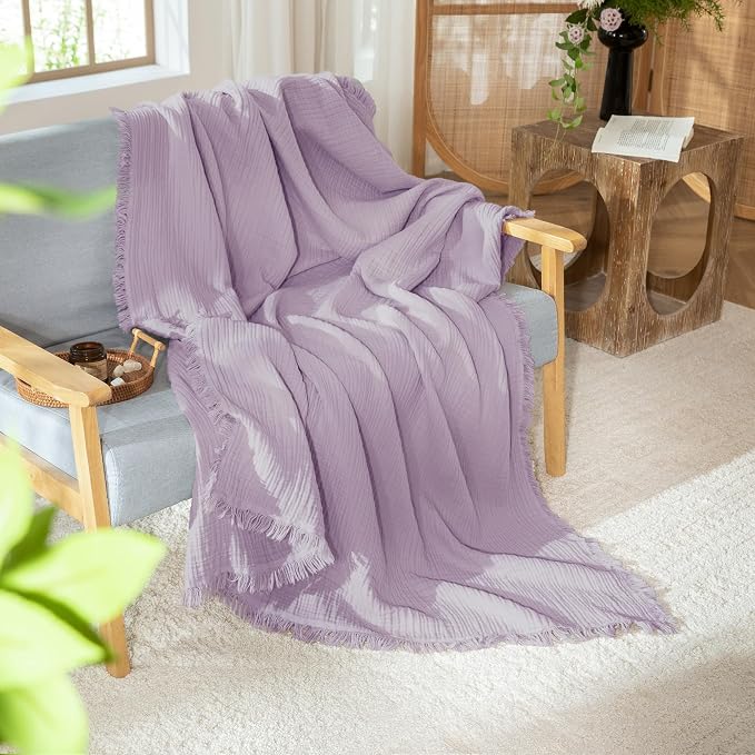 MooMee Muslin Blanket - 100% Cotton 4-Layer Gauze Throw Blanket with All-Around Fringe, Soft Breathable Lightweight Cooling Summer Blankets for Bed Couch(Light Purple,King 104" x 90")