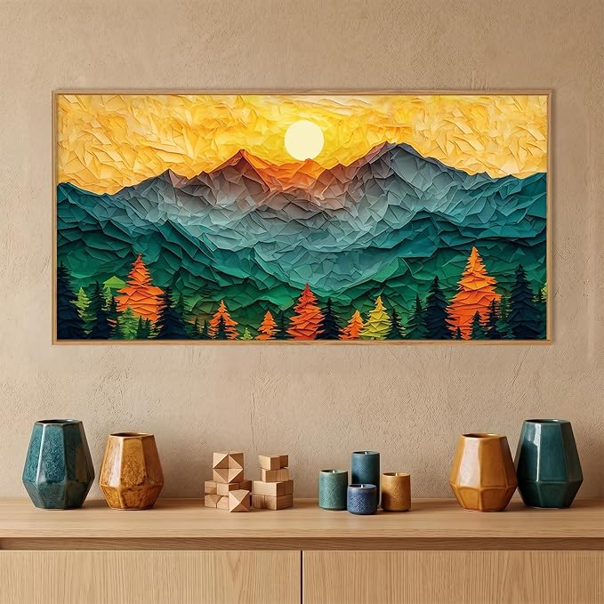 Abstract Boho Mountain Framed Canvas Wall Art Set,Golden Teal Pine Tree Sunset Wall Decor,Papercraft Sun Forest Landscape Art Print for Living Room,Bedroom,Dining Room,Office20 x40