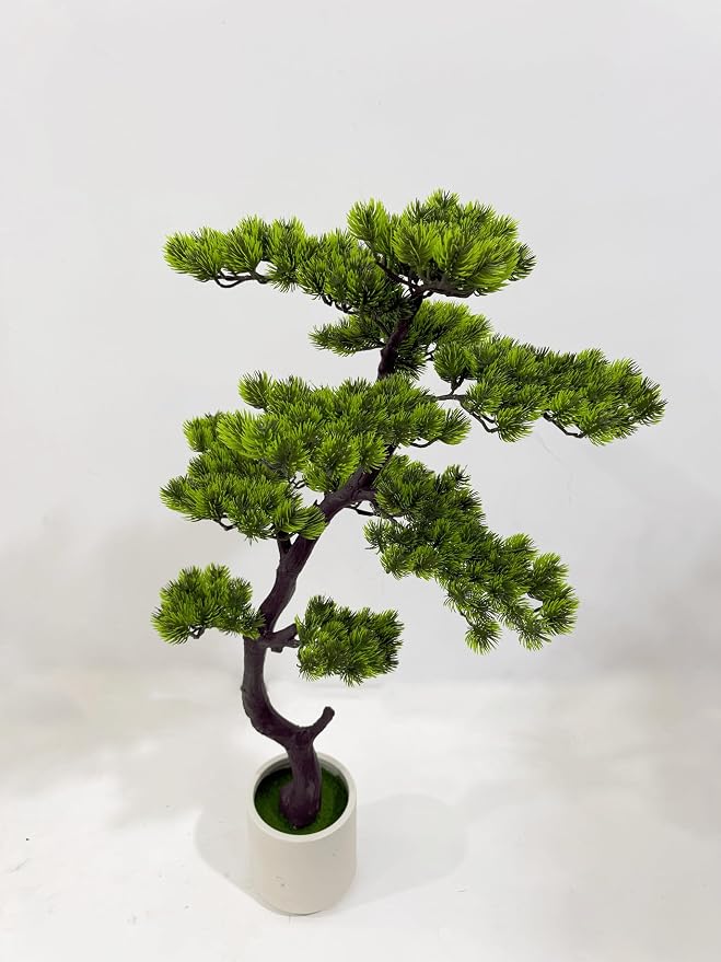 3FT Artificial Bonsai Pine Tree, Realistic Faux Pine Bonsai with Natural-Looking Trunk and Moss Pot, Maintenance-Free Indoor Artificial Tree for Living Room, Office, Entryway Decor