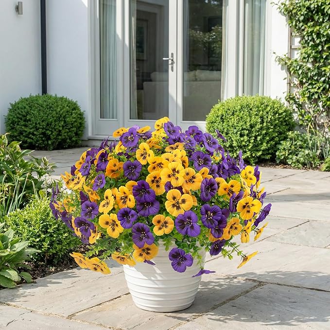 Rowfad 36 Pcs Artificial Fake Pansy Flowers for Outdoor, Faux UV Resistant Silk Pansies Flowers for Outside Planter Front Door Porch Yard Patio Window Box Home Decor (36, Yellow,Purple)