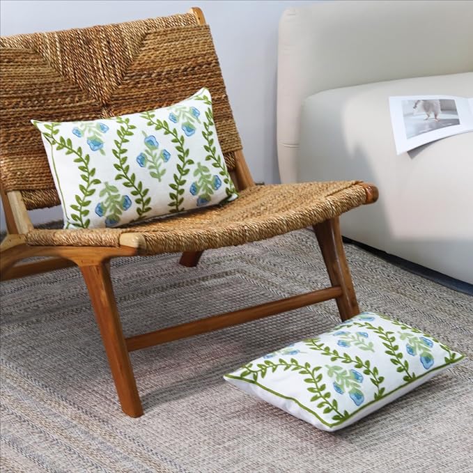 Set of 2 Embroidered Decorative Throw Pillow Covers Couch Square Pillowcases Cushion for Bedroom Sofa Farmhouse Decor 12x20 Inch (Blue Floral-Lumbar)