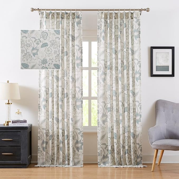 Kayne Studio Pinch Pleated Jacobean Floral Light Filtering Window Curtains Boho Botanical Leaf Printed Vintage Farmhouse Blue Grey Back Tab Window Treatment Set Living Room Bedroom,40"x95",2 Panels