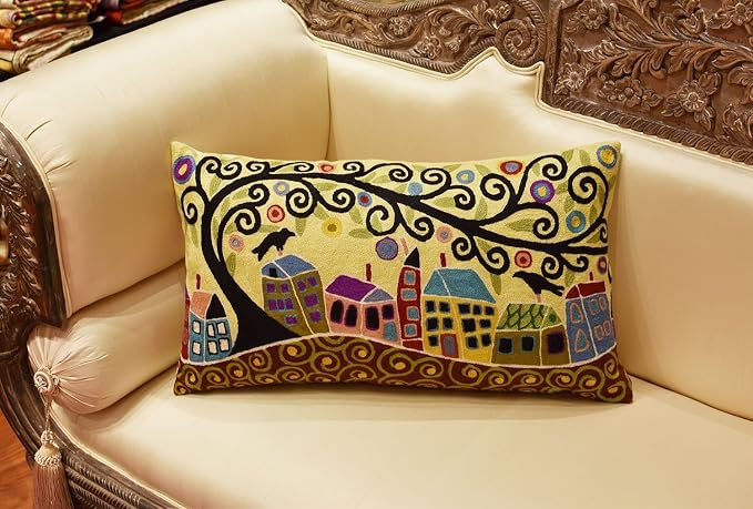 Yellow Tree of Life Pillow Cover | Karla Gerard Floral Pillows | Floral Couch Cushion | Kids Room Pillowcase | Gold Plant Toss Pillows | Hand Embroidered Cushions Wool Size - 14x24