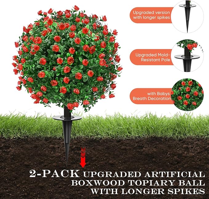 FAJUNZH Artificial Topiary Bushes for Outdoors with Spike, Boxwood Ball Fake Shrubs UV Resistant Faux Plants for Indoor Outdoor Fall Thanksgiving Halloween Decor (Artificial Boxwood Ball Bush-Red)