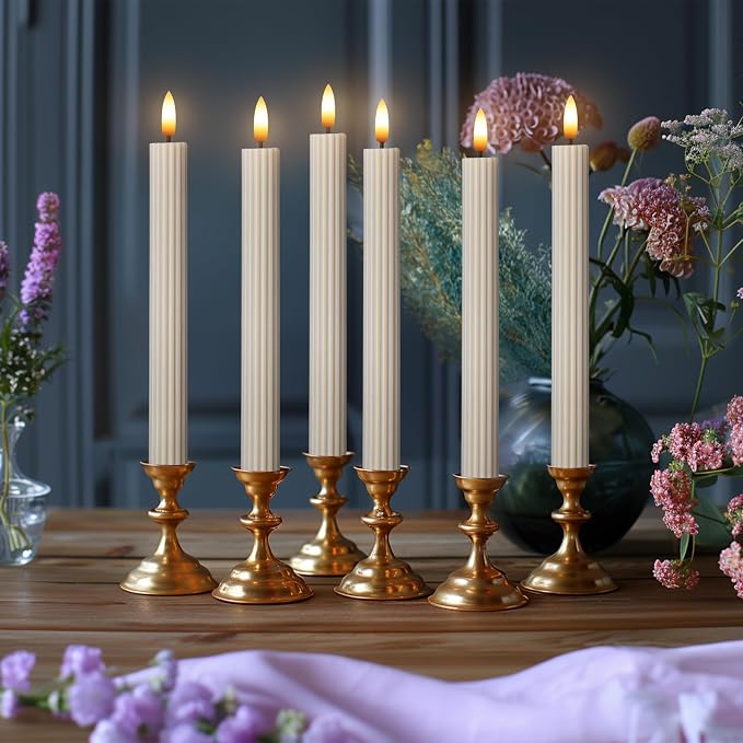 12 Pack, 10" LED Flameless Real Wax Cream Beige Fluted Ribbed Grooved Taper Candles, Remote & 24h Timer Memory, On/Off Button, Dimmable, Flicker Mode, Battery Operated, Wedding