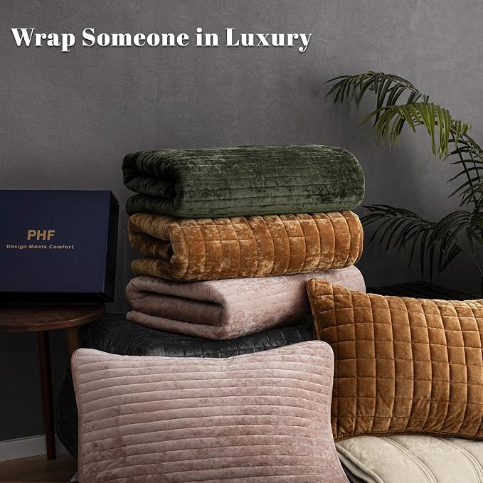 PHF Luxury Velvet Quilt Set Twin Size – 2PCS Ultra Soft Quilted Comforter Alternative with Striped Channel, Cozy Quilted Bedspread, 1 Coverlet with 1 Matching Sham, 68" x 92", Stormy Blue