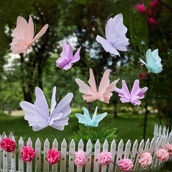 3D Hanging Butterfly Decorations, 8 Pcs Butterfly Birthday Party Decorations, Crepe Paper Butterfly Hanging Decorations for Girls, Women, Flower Garden Party Decorations