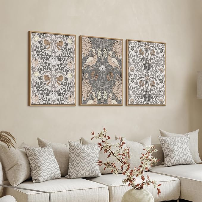 Large Retro Framed Wall Art - Natural Float Framed Vintage Flowers Canvas William Morris Painting Pictures Rustic Floral Pattern Prints Artwork for Living Room Bedroom Office Decor 48" X 24" Set of 3