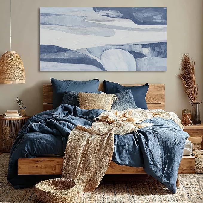 Hue7Art Modern Abstract Canvas Wall Art Blue and White Minimalist Landscape Painting, Soft Flowing Texture Artwork for Living Room Bedroom Office Hallway Wall Decor 24x48 Inch