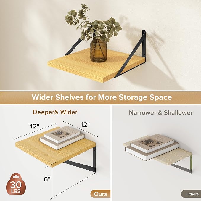Acovy Deep Floating Shelves Wall Mounted, 12"x12" Oak Wall Shelves with Brackets Set of 2 for Bedroom, Living Room, Bathroom, Kitchen, Office - Storage & Display Shelf for Decor, Books, Plants