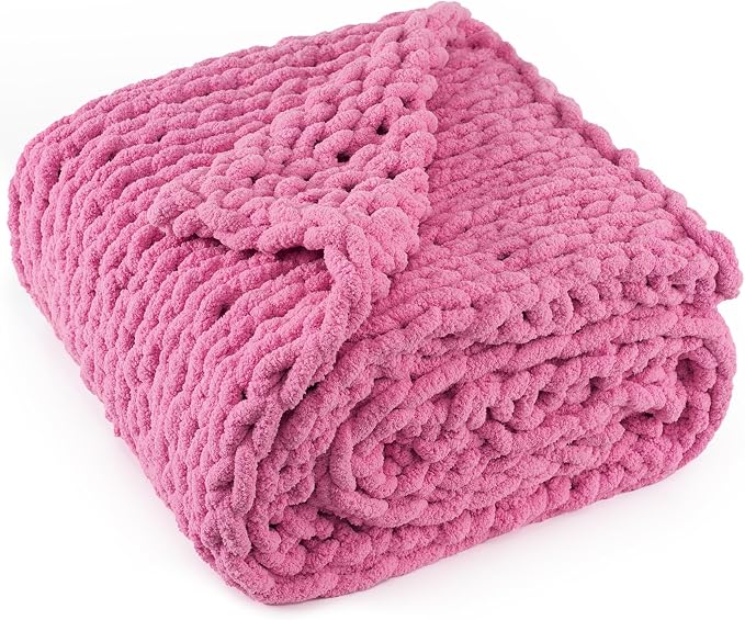 Chunky Knit Throw Blanket 60x80, 100% Handmade Chenille Yarn | 6.7lbs Soft Thick Cable Knitted Blankets, Large Rope Knot Crochet Throws for Couch Sofa Bed Machine Washable, Hot Pink