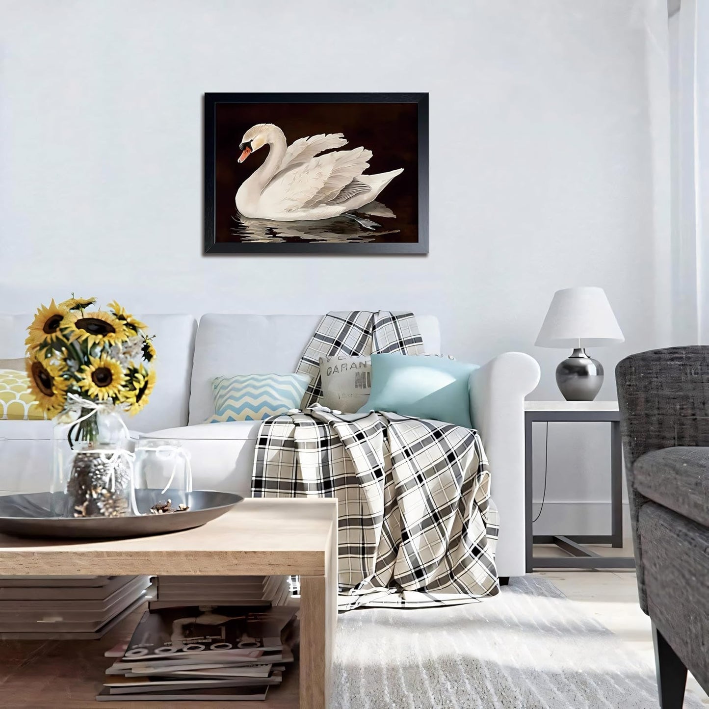 Black Wood Framed Wall Art Canvas Print Home Decor, Vintage Swan Aesthetic Wall Decor Photo, Classical Grace Swan Bathroom Prints Painting for Living Room Bedroom Office Decor 16x24 Inch