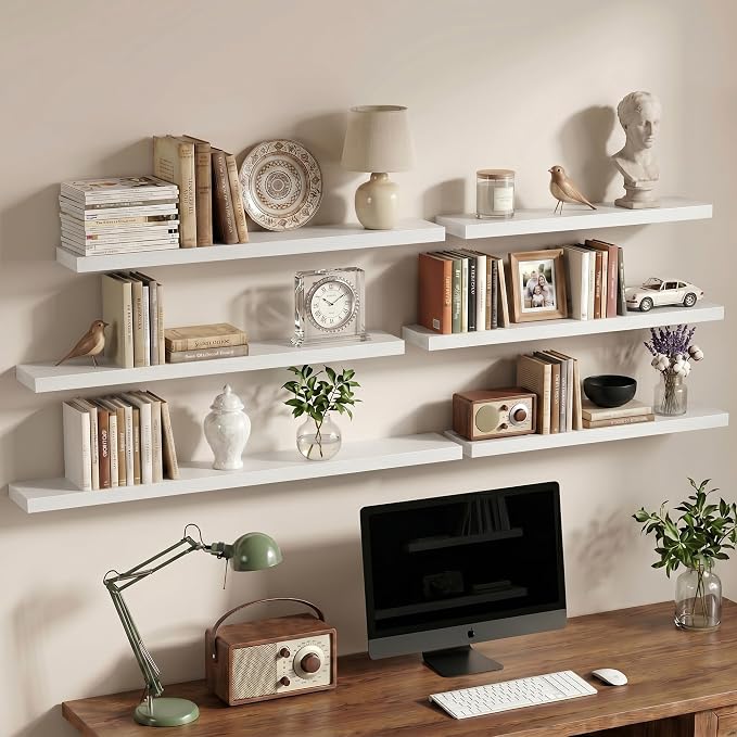 Vivelove 30 Inch Floating Shelves Wall Mounted for Display, 6.5 Deep Duty Shelves with Invisible Brackets for Living Room,Bedroom,Kitchen, Bathroom Storage & Decor,30" Wx6.5 Dx1.4 H - White