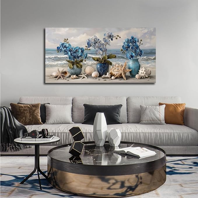 AOZEMI Large Beach Wall Art Blue Wall Decor Floral Canvas Art Coastal Seascape Ocean Pictures Flower Vase Poster Starfish Conch Shell Print Art for Bedroom Bathroom Living Room Office 24"x 48"