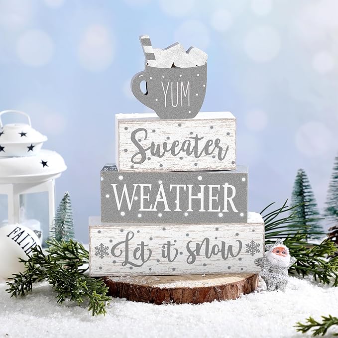 Marsui 4 Pcs Winter Christmas Wooden Tabletop Decor Rustic Wooden Hot Cocoa Block Sign Gift Farmhouse Xmas Tiered Tray Decor Let It Snow Table Centerpiece Winter Decorations for Home Office Desk Shelf