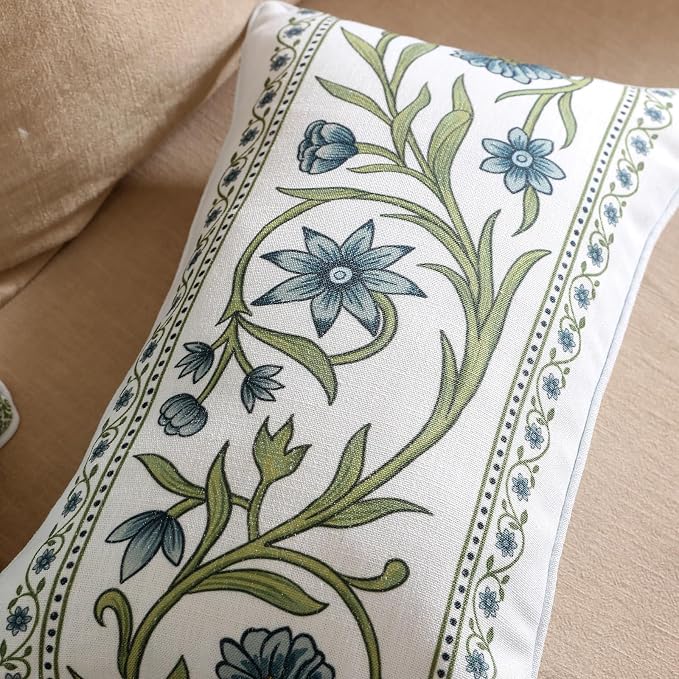 ISAENNE Designer Linen Throw Pillow Cover,Set of 2,20"x12"-Mosella D | Vintage Elegant Rectangle Decor Pillow Cover,Concealed Zipper Design,Floral Pattern,Sofa,Bedroom,Living Room,Lounge Chairs