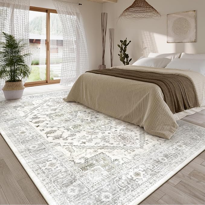 LIVEBOX Washable Area Rug 8x10 - Large Beige Vintage Tribal Living Room Rug Oriental for Bedroom, Non-Slip Retro Medallion Carpet Print Distressed for Dining Room Guest Office