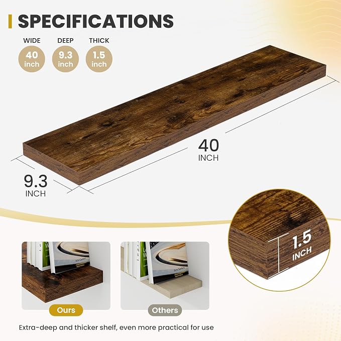 Acovy 40 Inch Floating Shelves, 9.3" Deep Floating Shelf Wall Mounted, 40" Wall Shelves, Rustic Deep Bookshelf, Large Display Shelves & Storage Shelves for Bedroom, Living Room, Brown, Set of 2