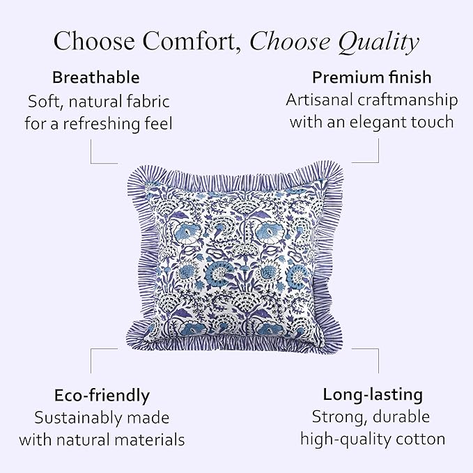 CPC Indigo Blue 100% Cotton Block Print Ruffle Pillow Cover 16X16 inch, Handmade Boho Floral Pillowcase, Farmhouse Cottagecore Bedding, Soft Decorative Cushion Cover for Bedroom Décor