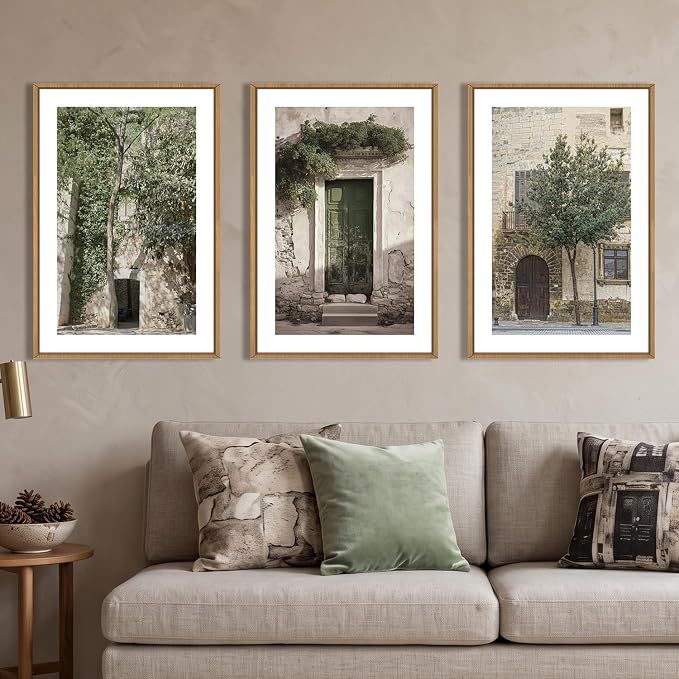 HOURIA Vintage Italy City Landscape Framed Canvas Wall Art Set,Sage Green Olive Tree Old House Wall Decor,Modern Mediterranean Country Cityscape Artwork for Living Room,Bedroom,Farmhouse- 24"x36"x3