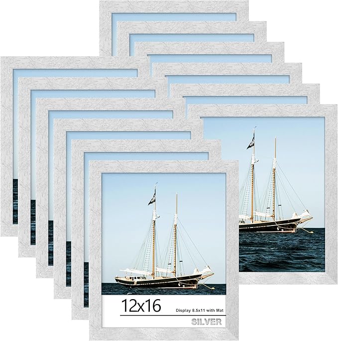 Picrit 12x16 Picture Frame Set of 12, Display 8.5x11 with Mat or 12x16 without Mat, Photo Frames for Wall Mounting Display, SILVER