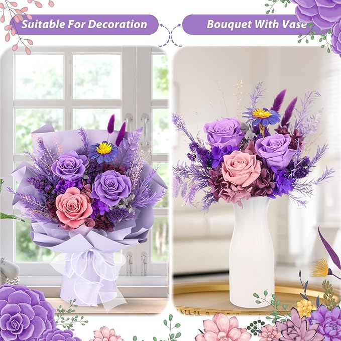 Flowers for Delivery Prime, Mothers Day Gifts for Mom, Preserved Flower Bouquet, Purple Roses Birthday Gifts for Women Her Wife Girlfriend Grandma, Real Forever Flower for Valentines Day Anniversary
