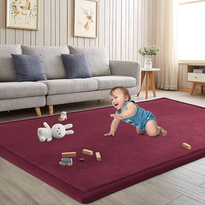 Baby Play Mat for Floor Nursery Muscle Mat Area Playroom Rug 39"x59" Elastic Foam 1.3" Thick Crawling Mat for Babies,Toddlers, Infants,Kids (Burgundy)