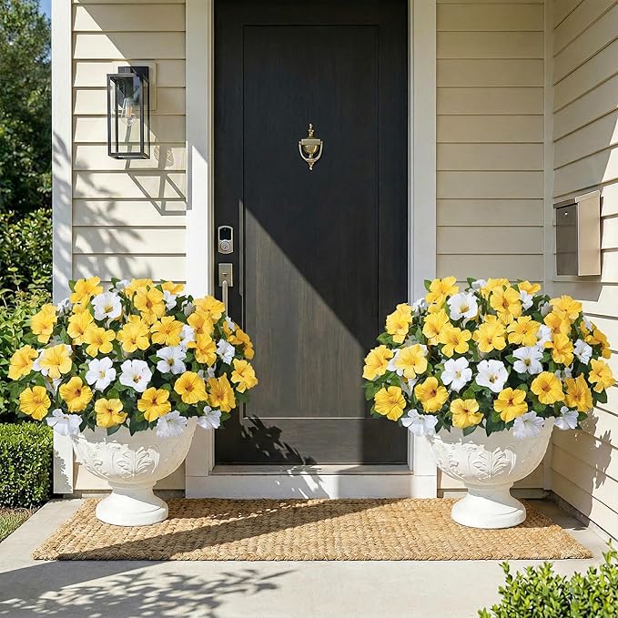 HyeFlora Artificial Flowers for Outdoors 4PCS Faux Petunias Silk Fake Flowers for Outside Planter UV Resistant Realistic Home Garden Porch Decor (Yellow 4branches)