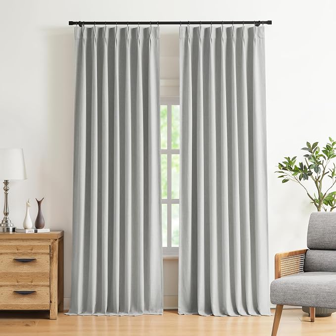 Vision Home Light Gray Pinch Pleated Full Blackout Curtains Linen Blended Room Darkening Curtain Panels 90 inch for Living Room Bedroom Thermal Insulated Pinch Pleat Drapes with Hooks 40" Wx90 Lx2