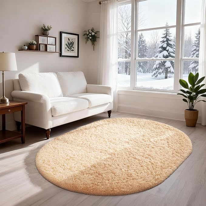 Ophanie 3x5 Beige Oval Rugs for Bedroom Living Room, Small Fluffy Fuzzy Carpet, Plush Soft Shaggy Bedside Indoor Floor Area Rug for Kids Girls Boys Baby Teen Dorm College Nursery Home Decor Aesthetic