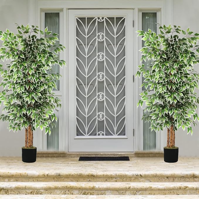 GTIDEA 2 Pcs 6ft Ficus Artificial Trees, Tall Faux Trees Indoor with Natural Trunk and Fake Silk Tree Fake Plants for Home Spring Decor Living Room Outdoor Balcony House Office (Included Dried Moss)