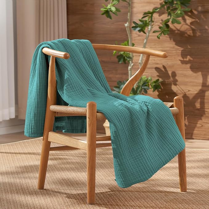 David's Home 100% Cotton Muslin Throw Blanket for College Dorm, 4-Layer Soft Breathable Lightweight Comfy Cozy Throw Guaze for Hot Sleepers, 3D Bubble Room Decor for Bed, Giftable, Teal, 50"x70"