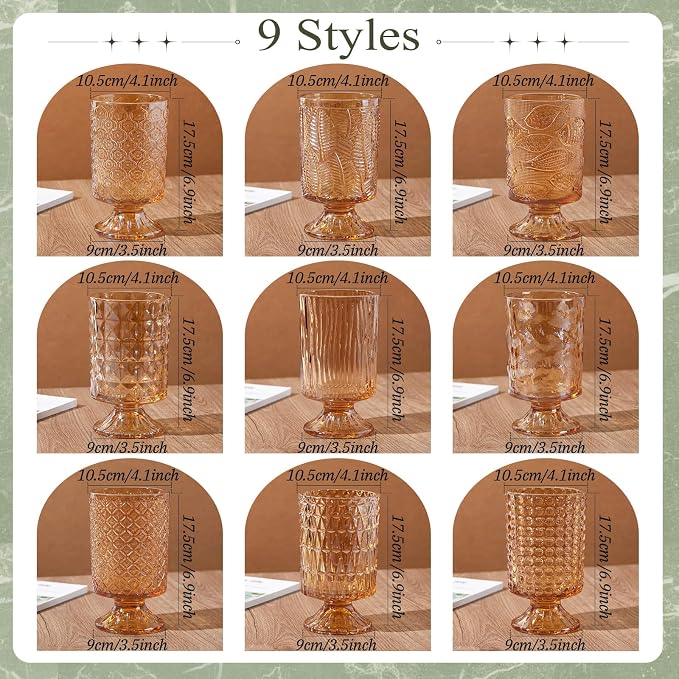 9 Pcs (H: 7" W: 4") Embossed Flower Vase Pedestal Glass Vase Big Base Thickened Crystal Vintage Vases for Wedding Party Home Decor Table Centerpiece House Warming Gifts (Amber,Stylish)