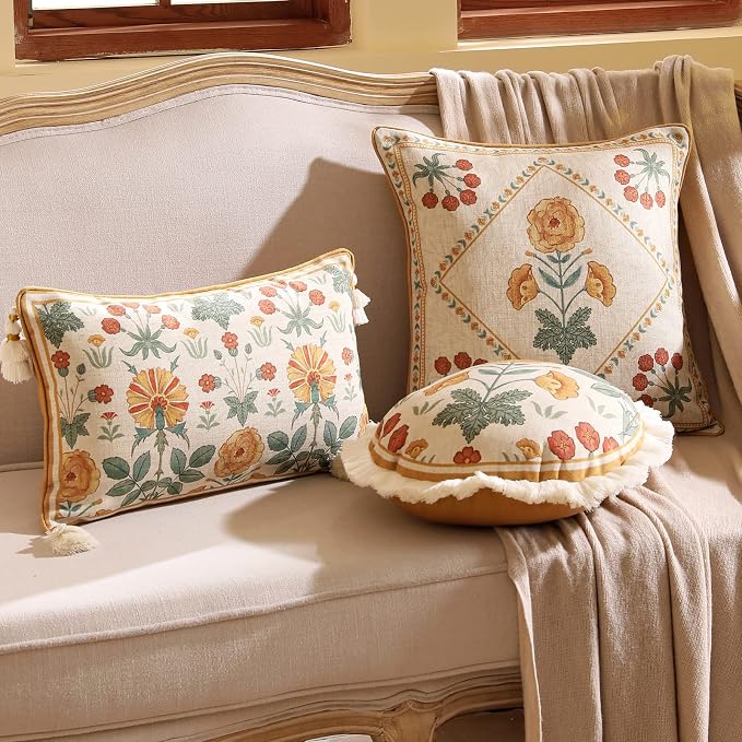 patdrea Vintage Linen Pillow Cover,Diameter 16",Set of 2-RosaSilvestre E | French Decorative Pillow Case,Yellow Floral Pattern,Cushion Coverfor Couch Living Room Bedroom,Fringe Trim