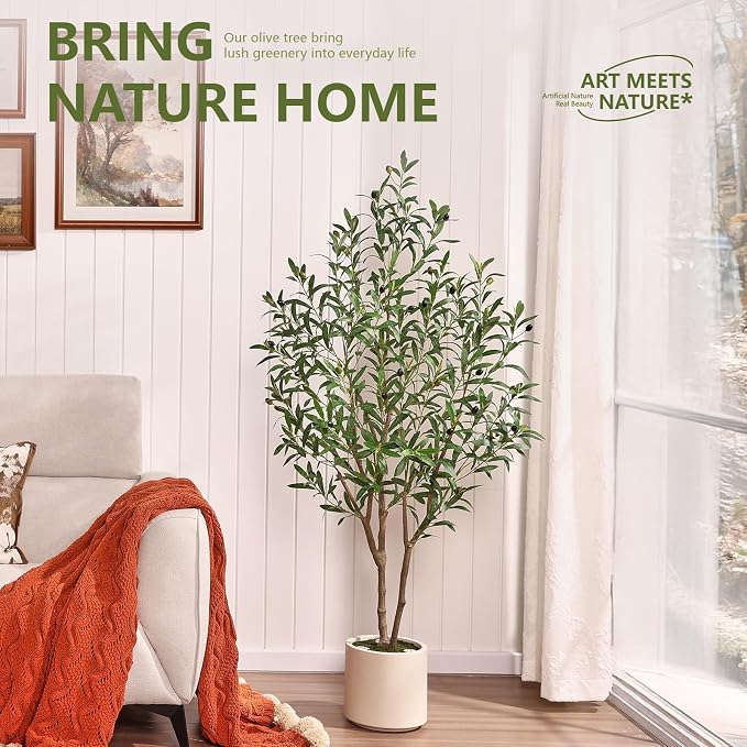 Verinatural Artificial Olive Tree Faux Plants Indoor - 5FT Tall Fake Tree with Remote LED Spotlights, Cylinder Round White Planter - for Modern Home Office Living Room Floor Display, VN214