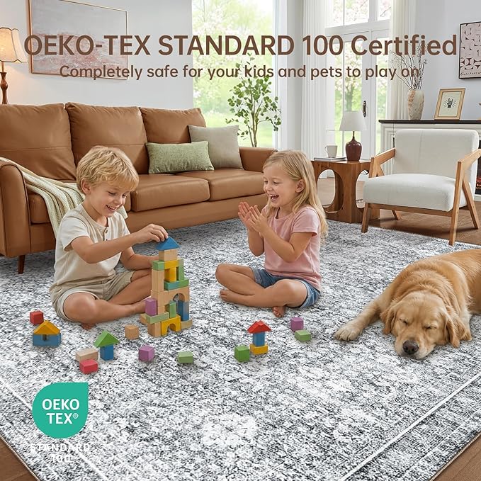Sasttie 9x12 Area Rug, Ultra-Soft Washable Rug, Low Pile Foldable Thin Carpets with Non-Slip Backing, Skin-Friendly Stain Resistant Carpet for Living Room, Bedroom, Kitchen, Dorm, 9x12, Light Grey