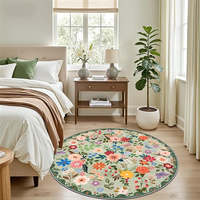 Round Area Rug for Living Room: 4 ft Floral Washable Circle Rug Soft Boho Non-Slip Carpet Indoor Stain Resistant Low Pile Small Circular Rug for Bedroom Entryway Kitchen Nursery Home Office Green