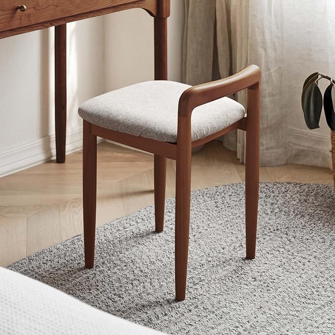 Vanity Stool Oak Wood Vanity Chair, Wooden Chair for Vanity with Upholstered Cushions for Living Room, Bedroom, Walnut