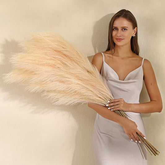 Wertuirk Champagne Faux Pampas Grass - 45-Inch Set of 8 | Boho Home Decor | Tall Artificial Pompas Floral Soft and Fluffy | Perfect for Wedding Centerpieces, Farmhouse and Baby Shower Decorations