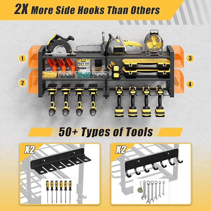 Jusgym Power Tool Organizer Wall Mount |350lbs Garage Storage Rack with 6 Cordless Drill Holder |3-Tier 32''W Heavy Duty Tool Storage Rack for Garage Organization |Gift for Men