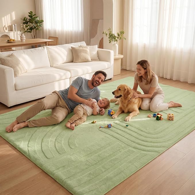 1.3" Thick Fluffy Baby Play Mat for Floor,Elasti Foam Padded Area Rug for Living Room Bedroom,Ultra Soft 3D Carved Kids Rug,Non-Slip Nursery Crawling Mat for Toddlers,4’x6’ Playroom Carpet(Sage Green)