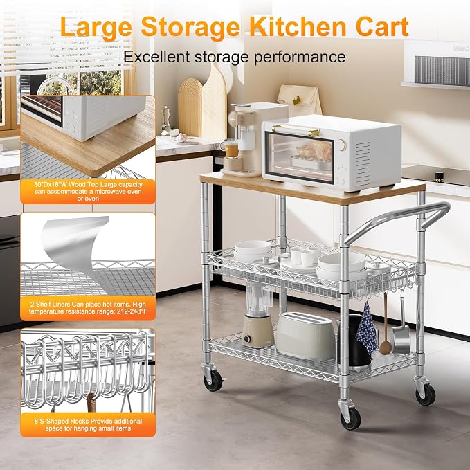 NTE Rolling Kitchen Carts on Wheels, 650Lbs Capacity 3 Tier Utility Cart with Wood Tabletop, Kitchen Storage Cart with 8 Hooks, Metal Serving Cart with Handle and Shelf Liners for Kitchen, Restaurant