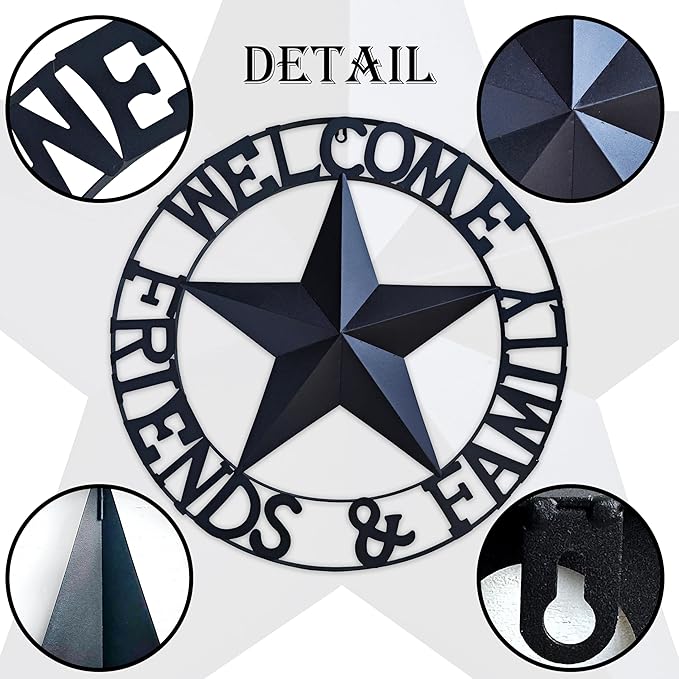 JoyEvy 22" Black Metal Barn Star Welcome Outdoor Wall Sculptures，Metal Star for Outside Wall Hanging,Texas Stars Wall Decor for Rustic Vintage Western Country Farmhouse Primitive House Decoration