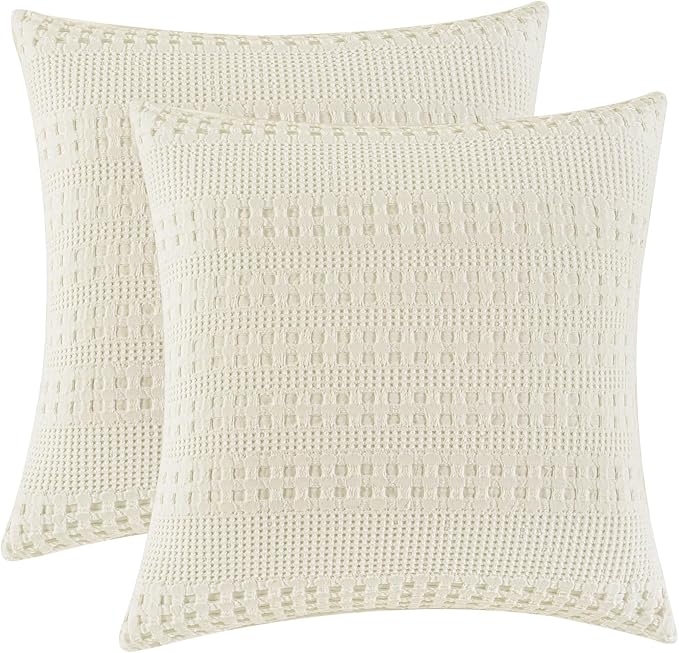 PHF 100% Cotton Waffle Weave Euro Sham Covers, 2 Pack 26" x 26" Bed Pillow Covers for Elegant Home Decor, No Filling, Luxury Aesthetic Soft Euro Pillow Cases for Bed, Ivory
