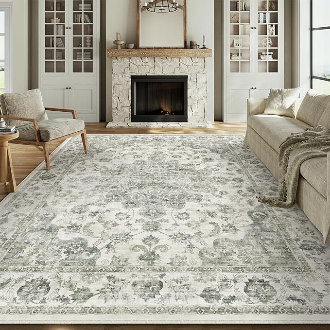 10x12 Neutral Area Rug Green Vintage Living Room Bedroom Washable Carpet Non-Slip Soft Low Pile Farmhouse Indoor Large Throw Rug for Dining Room Office