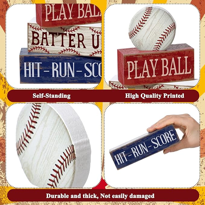 Yuntau 4 Pcs Baseball Decorations Sports Wooden Sign Baseball Centerpieces for Tables Tiered Tray Decor Decorative Mini Faux Book Stack Block for Bedroom Boys Room Party Coffee Mantel Shelf
