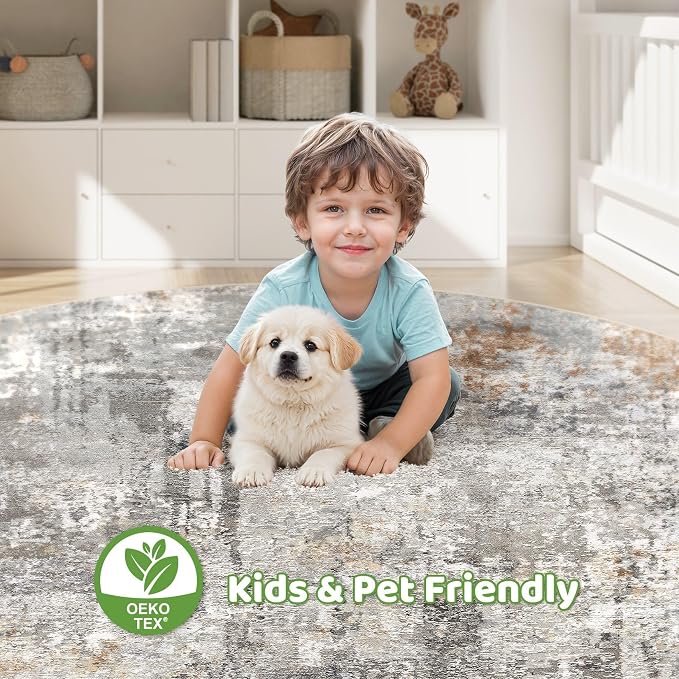 10ft Round Rug Living Room Rugs: 10x10 Washable Circle Large Abstract Modern Soft Stain Resistant Non-Slip Indoor Floor Carpet for Bedroom Nursery Office Dining Room Playroom Home House- Gray Rust