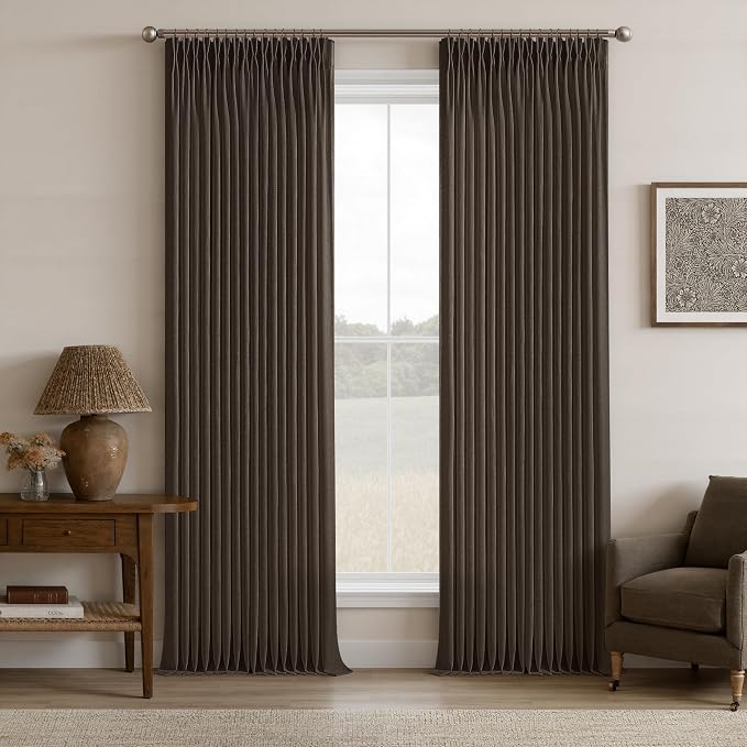 Dark Chocolate 86 Inch Pinch Pleated Linen Curtains 2 Panels Set for Living Room Bedroom Boho Farmhouse Light Filtering Semi Sheer Back Tab Pinch Pleat Hooks Rings Window Curtain 86 Inches Long