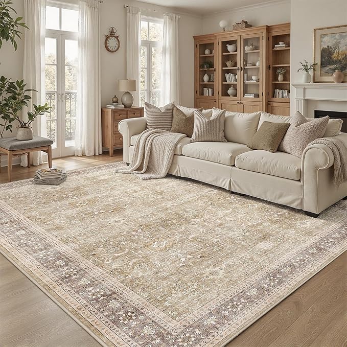 DCX Beige and Taupe 8x10 Rug, Kid & Pet Friendly with Rubber Back Non Slip, Machine Washable Stain Resistant Vintage Traditional Distressed Carpet, Rug for Living Room, Bedroom, Neutral Home Decor