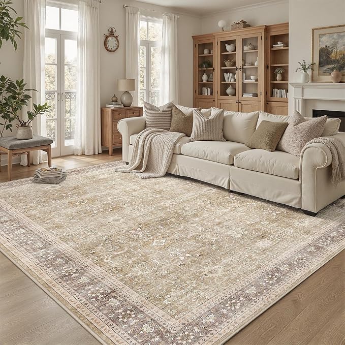 DCX Beige and Taupe 5x7 Rug, Kid & Pet Friendly with Rubber Back Non Slip, Machine Washable Stain Resistant Vintage Traditional Distressed Carpet, Rug for Living Room, Bedroom, Neutral Home Decor